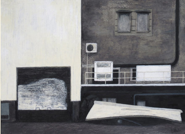 White boat behind grain silo Oil pastel on paper | 28
